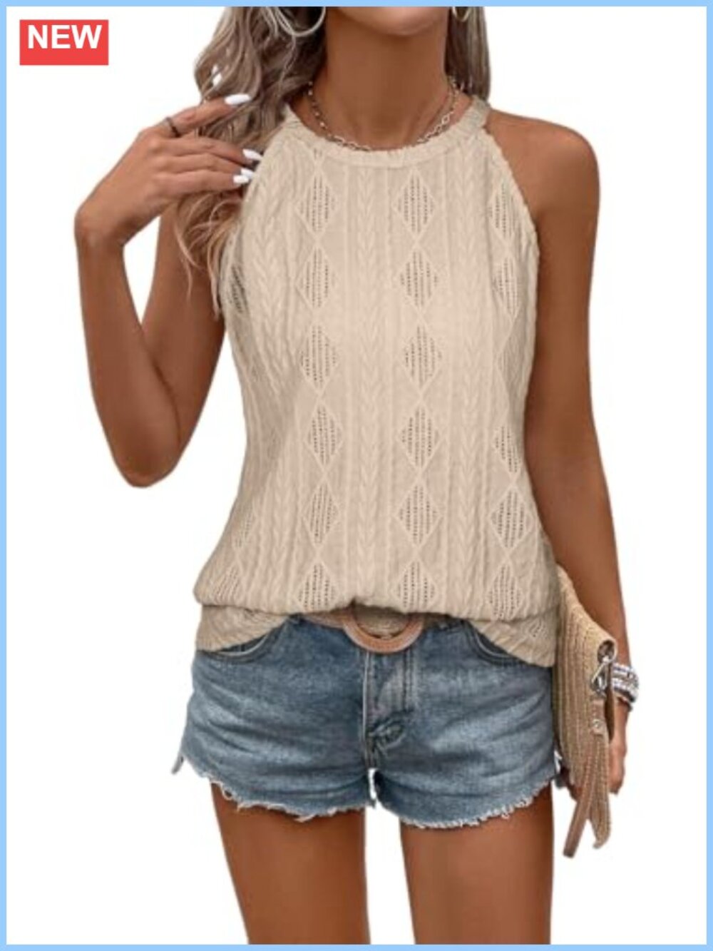 Crochet Knit Sleeveless Eyelet Halter Tank Top Women Summer Casual